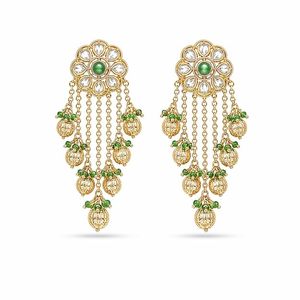 Boucles d'oreilles pendantes vintage plaquées or pour femme, forme fleur, avec cristaux et strass, style Jhumka, bijoux fantaisie - Product Image 1