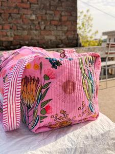 Sac de voyage en coton imprimé fleurs roses, grande capacité, sac de week-end pour femmes, sac de sport matelassé, sac de voyage pour la nuit, vente en gros - Product Image 4
