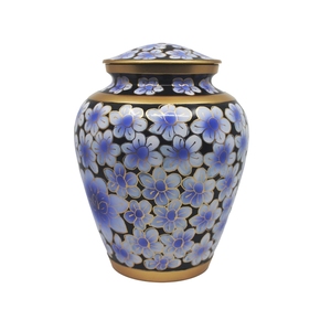 Urna Funeraria de Metal Azul con Diseño Floral, Hecha a Mano, Recipiente Decorativo Premium de Aluminio para Cenizas, Artículos Conmemorativos para Funerales - Product Image 1