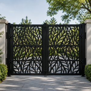 Puerta de jardín metálica moderna con diseño de hojas negras, decorativa, cortada con láser, de seguridad, para entrada de villas, uso exterior, resistente. - Product Image 4