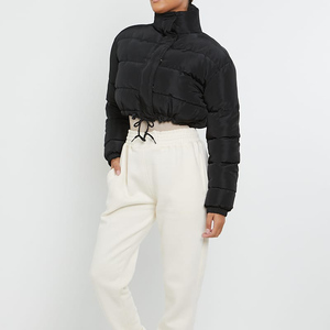 Women's Black Quilted Puffer <b>Jacket</b> Stand Collar Full <b>Sleeve</b> Winter <b>Short</b> Length Button Closure Thick Polyester Wadding <b>Jacket</b> - Product Image 3