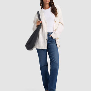 Cardigan en tricot blanc pour femme, col rond, manches longues, fermeture boutonnée, haut décontracté - Product Image 3