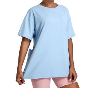T-shirts pour femmes, bleu clair, col rond, manches courtes, longs, décontractés, été, prix de gros, logo personnalisé, nouveau design tendance, coupe ajustée - Product Image 1