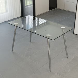 Tavolo da Pranzo Rettangolare Moderno con Piano in Vetro Temperato e Gambe in Metallo Argento, Design Semplice per Cucina - Product Image 4