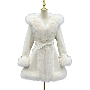 Elegant Women's White Faux <b>Fur</b> Thick Down Filled Coat with Belt Bow Full Sleeve Winter Outerwear Long Warm Fashion Coat - Product Image 5