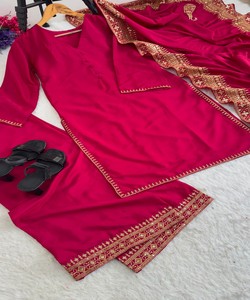 Salwar Kameez traditionnel pour femmes en coton marron avec dupatta, tenue de fête de mariage, style Inde Pakistan, MBL- DN-589, Hamia 85334 - Product Image 3
