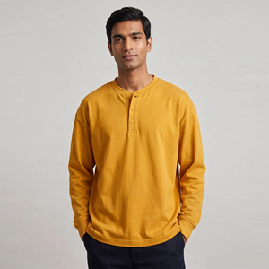 Men's <b>Short</b> <b>Sleeve</b> <b>Henley</b> T-Shirt Yellow 100% Cotton Knitted Loose Fit Oversized Summer Anti-UV Breathable - Product Image 1