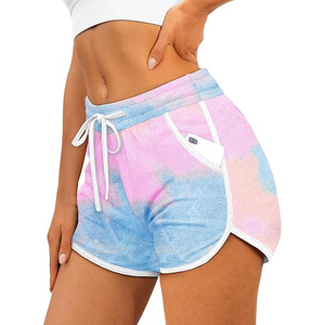 Shorts de sport décontractés pour femme, tie-dye, avec cordon de serrage à la taille, poches, en coton peigné 100%, séchage rapide, respirant, taille mi-haute - Product Image 5