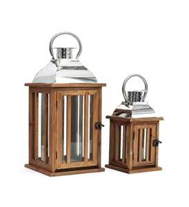 Rectangular wooden lantern pair vertical glass panels shiny metallic <b>tops</b> vented section circular handles rustic modern design - Product Image 1