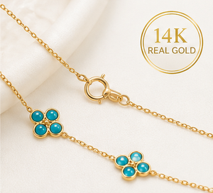 Collier floral en turquoise naturelle en or jaune massif 14 carats – Chaîne longue avec fleur quadrilobe sertie clos – Luxe - Product Image 3