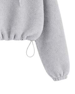 Sudadera con capucha corta de forro polar texturizado gris claro con cremallera de cuarto, dobladillo con cordón ajustable, estilo casual urbano, cálida, para hombre, con logo personalizado - Product Image 6