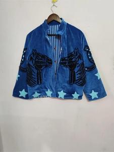 Premium Blue <b>Velvet</b> Embroidered Suzani <b>Jacket</b> With Horse And Star Pattern Full Sleeve Stand Collar Bohemian <b>Women</b> Winter Coat - Product Image 1
