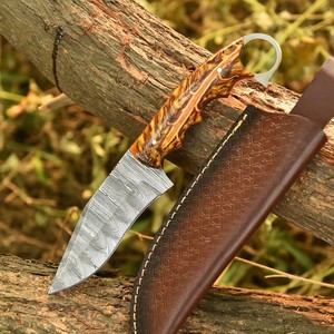 Hand Forged Damascus Steel Skinner Knife Pine Cone Handle Full Tang Fixed Blade Finger Ring Knife with <b>Leather</b> Sheath Custom OEM - Product Image 2