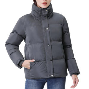 Blouson matelassé gris à col montant pour femme, vêtement d'extérieur décontracté d'hiver, couleur unie, extérieur en polyester, coupe-vent, épais, coupe régulière - Product Image 4