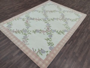 Alfombra de Lana Estilo Aubusson Francés, Color Rosa, con Borde a Cuadros, Tejida a Mano, con Diseño Floral, para Sala de Estar, Cuarto de Niños o Dormitorio - Product Image 1