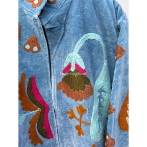 Veste en velours bleu turquoise, veste brodée ouzbèke, manteau unisexe, veste courte d'hiver, veste bohème chic, manteau pour femme - Product Image 4