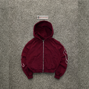 Sweat-shirt à capuche zippé brodé bordeaux de qualité supérieure, 100 % coton respirant, coupe oversize confortable, style urbain décontracté - Product Image 5