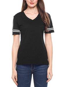 Sportswear V-Neck T Shirts With Striped Sleeves Women's V-Neck Tee Custom Logo And Design Women T-Shirt Reasonable Price - Product Image 4