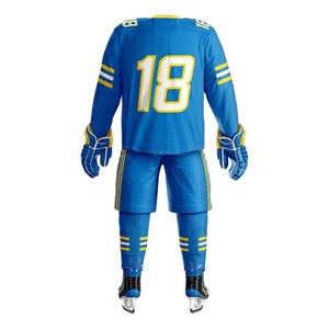 Custom <b>Ice</b> Hockey Uniform Men Blue Yellow Team Kit Sublimated Moisture Wicking Full Sleeve V-Neck Regular Fit Winter - Product Image 5
