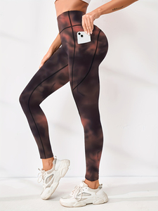 High Waist Full Length Yoga <b>Leggings</b> Gradient <b>Brown</b> Contrast Stitch Four-Way Stretch Spandex Polyester Pants - Product Image 4