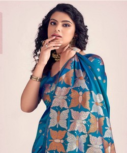 Teal Silk Saree With Butterfly Print Elegant Indian Wedding Wear For Women Regular Fit <b>Floor</b> Length Ready To Ship - Product Image 4