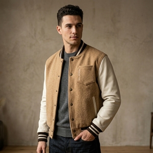 Veste bomber en laine marron pour homme, manches en cuir crème, boutons pression, personnalisable OEM ODM, vente en gros - Product Image 4