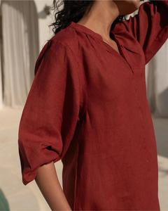<b>Women</b> Rust Red Linen Maxi <b>Dress</b> Three Quarter Puff Sleeve V Neck Loose <b>Boho</b> Summer Casual Long <b>Dress</b> - Product Image 5