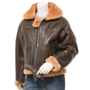 Chaqueta Bomber de Cuero Genuino para Mujer con Cuello y Puños de Piel, Cierre de Cremallera, Resistente al Viento, Manga Larga, para Invierno - Product Image 6