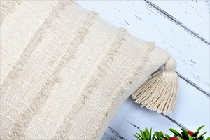 Hand Loom Woven Off White Textured Boho Fringe Cushion Cover Handmade Decorative <b>Pillow</b> <b>Case</b> for Sofa Bedroom Living Room Home - Product Image 3
