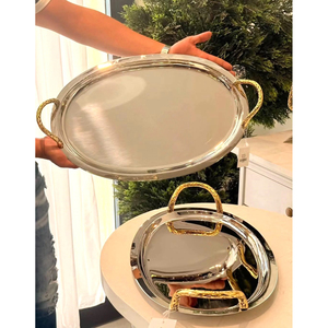 Plateau de service de luxe en acier inoxydable avec poignées dorées texturées, vaisselle haut de gamme de qualité supérieure pour hôtels et traiteurs - Product Image 2