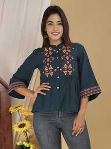 Blusa Elegante para Mujer, Color Verde Pavo Real, Bordada, Estilo Casual, Étnico, Occidental, con Parte Inferior Acampanada - Product Image 1
