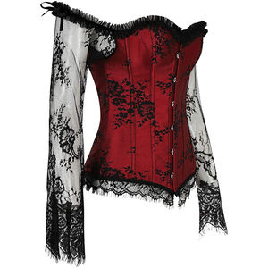 Women's Red Corset With Black Lace Off Shoulder Design Firm Control Shapewear Breathable Satin Fabric Adult Size - Product Image 4