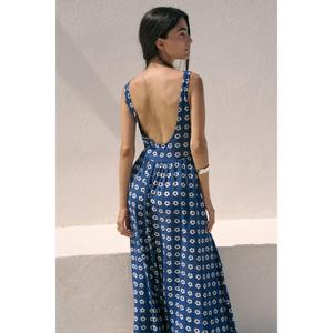 Vestido Midi Boho para Mujer, Azul a Cuadros, Tejido, Ecológico, Vintage, Casual, Holgado, Sin Espalda, Sin Mangas - Product Image 1