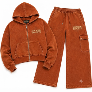 Ensemble de survêtement Vocksin Vintage pour homme, sweat à capuche zippé orange et pantalon cargo à jambe large, en molleton de coton premium, idéal pour l'hiver - Product Image 4
