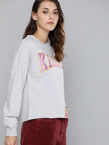 Sweat-shirt gris à col rond pour femme avec imprimé Purple Killer, manches longues, haut décontracté respirant en tricot 100% coton, vêtement d'automne - Product Image 4