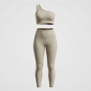 Conjunto de Yoga de 2 Piezas sin Costuras para Mujer, Color Beige, Top Corto de un Hombro, Leggings Largos de Cintura Alta - Product Image 1