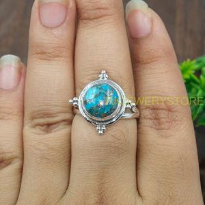 Bague Bohème Faite à la Main en Argent Sterling 925 avec Cabochon Rond en Turquoise Cuivre Bleu Naturel pour Femme, Bijou Vintage avec Pierre Précieuse - Product Image 3