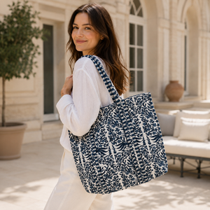 Bolso Tote Floral Índigo Hecho a Mano, Grande, Acolchado, de Algodón, con Cierre de Cremallera, para Llevar al Hombro, para Mujer, para Compras, Viajes, Mercado, Playa - Product Image 4