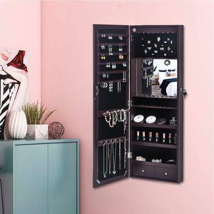 Specchio da parete in legno a 3 strati con 17 porta pennelli cosmetici interni, 8 luci LED blu e armadietti a specchio - Categoria prodotto: Scuro - Product Image 2