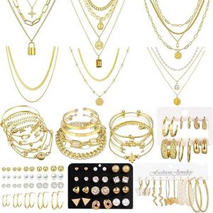 Set di Gioielli Placcati Oro da 73 Pezzi per Donna, Include Collana, Bracciale, Cavigliera, Orecchini a Perno e a Cerchio, Bigiotteria - Product Image 1