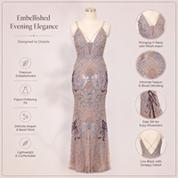 Robe de soirée sirène luxueuse moderne en sequins brodés couleur nude naturel |   Bretelles spaghetti |   Col en V |   Robe longue dos nu |   Polyester