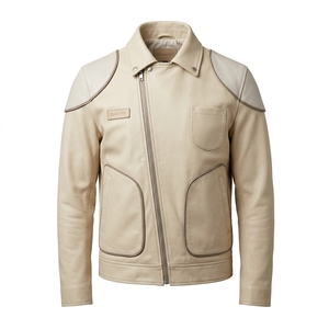 Ivory Beige Leather Asymmetric <b>Biker</b> Jacket Contrast Piping Shoulder <b>Patch</b> Curved Pocket Unisex Custom Outerwear Producer - Product Image 1
