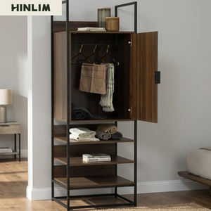 Modern Freestanding Industrial Wardrobe with 3 Shelves Slab <b>Door</b> Metal Frame Bedroom Storage Cabinet - Product Image 3