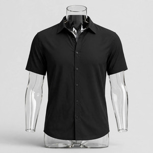 Men's Black Solid Twill Knitted <b>Short</b> <b>Sleeve</b> <b>Button</b> <b>up</b> Collar Casual T-Shirt Breathable Polyester/Cotton Summer Wear - Product Image 2