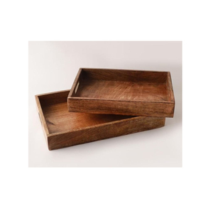 Juego de bandejas de servir de madera artesanales de primera calidad, ecológicas, rectangulares y apilables con asas recortadas para cocina y restaurante. - Product Image 1