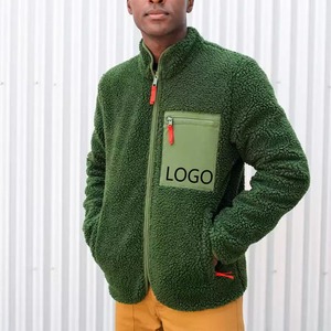 Men's Olive Green Fleece <b>Jacket</b> Full Zip Stand Collar <b>Pocket</b> Logo Front Casual Autumn Wear - Product Image 3