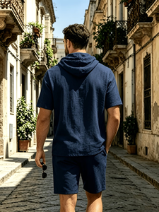 Men's Cotton Hooded Short Sleeve Shirt Set Solid Color Casual Summer Breathable Woven Quick Dry 120g 2pcs Made Bangladesh High - Product Image 3