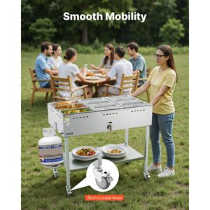 Commercial Propane Steam <b>Table</b> <b>with</b> 9-Pan LP Gas Outdoor Soup Warmer 3\" <b>Wheels</b> Stainless Steel Food Warming & Holding Equipment - Product Image 3