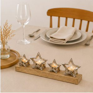 Elegant Handmade Aluminum Star <b>Candle</b> Holder On Rustic Mango Wood Base Modern 4-<b>Flame</b> Advent Tealight Stand For Christmas Decor - Product Image 3