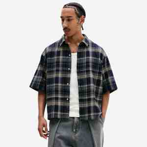 Chemise à carreaux en flanelle pour homme 2026, manches courtes, col rabattu, décontractée, respirante, 100 % coton, motif à carreaux - Product Image 1